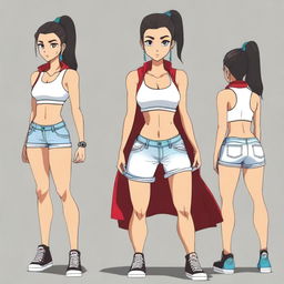 A 23-year-old female character with a slim waist and strong abs