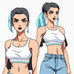 A 23-year-old female character with a slim waist and strong abs