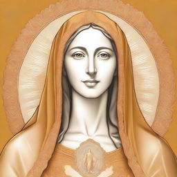 A portrait drawing of the Blessed Virgin Mary in golden or orange colors, with a serene and holy expression, capturing her grace and divinity