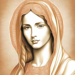 A portrait drawing of the Blessed Virgin Mary in golden or orange colors, with a serene and holy expression, capturing her grace and divinity