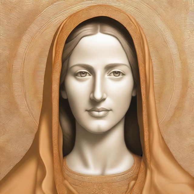 A portrait drawing of the Blessed Virgin Mary in golden or orange colors, with a serene and holy expression, capturing her grace and divinity