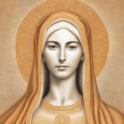 A portrait drawing of the Blessed Virgin Mary in golden or orange colors, with a serene and holy expression, capturing her grace and divinity