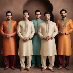 A group of men elegantly dressed in traditional Salwar Kameez, in varying colors and designs, set against an ethnically rich background.