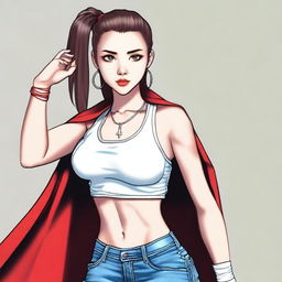 A 23-year-old female with big breasts, wearing a white tank top, short bottom jeans, white and black sneakers, and a black and red cape