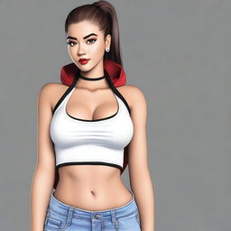 A 23-year-old female with big breasts, wearing a white tank top, short bottom jeans, white and black sneakers, and a black and red cape