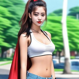 A 23-year-old female with big breasts, wearing a white tank top, short bottom jeans, white and black sneakers, and a black and red cape