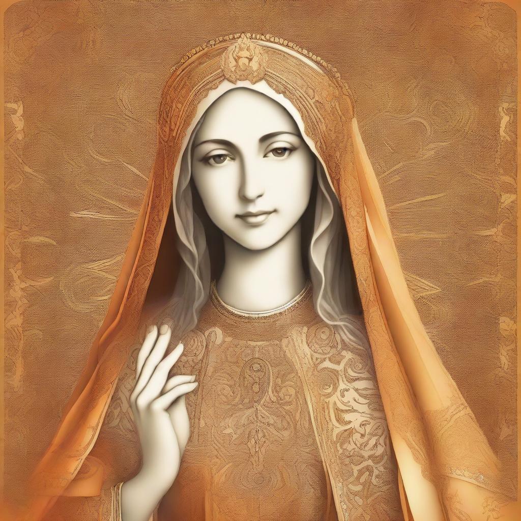 An illustration of the Blessed Virgin Mary, depicted in golden or orange hues