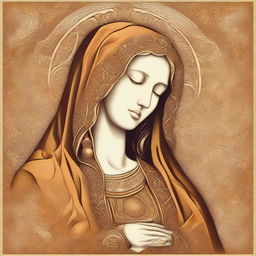 An illustration of the Blessed Virgin Mary, depicted in golden or orange hues