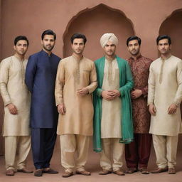 A group of men elegantly dressed in traditional Salwar Kameez, in varying colors and designs, set against an ethnically rich background.