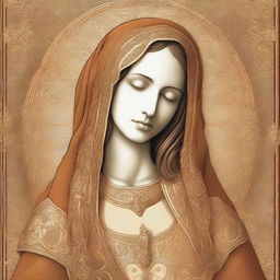 An illustration of the Blessed Virgin Mary, depicted in golden or orange hues