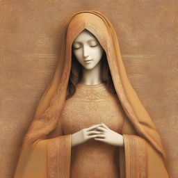 An illustration of the Blessed Virgin Mary, depicted in golden or orange hues