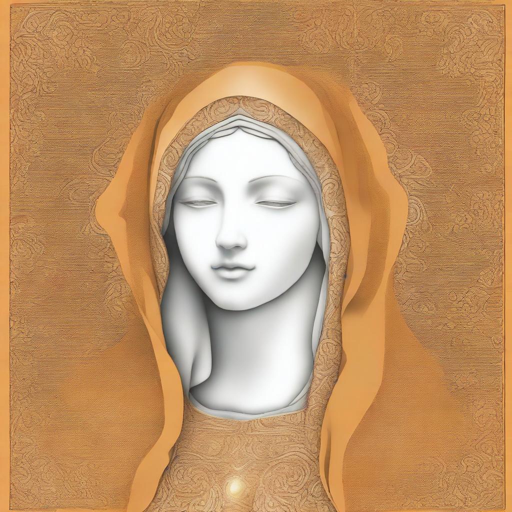 Book cover: Drawing in a portrait format of the Blessed Virgin Mary, in golden or orange colors