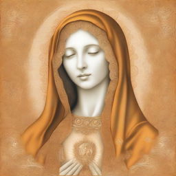 Book cover: Drawing in a portrait format of the Blessed Virgin Mary, in golden or orange colors