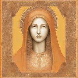 Book cover: Drawing in a portrait format of the Blessed Virgin Mary, in golden or orange colors