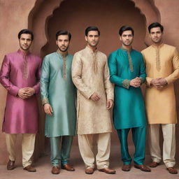 A group of men elegantly dressed in traditional Salwar Kameez, in varying colors and designs, set against an ethnically rich background.