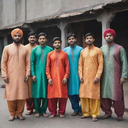 Several men dressed in colorful and traditional salwar kameez in an urban setting