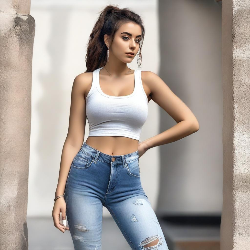 A 23-year-old Greek female with very big breasts, wearing a white tank top, short bottom jeans, white and black sneakers