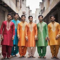 Several men dressed in colorful and traditional salwar kameez in an urban setting