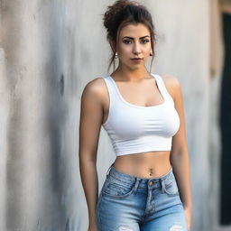 A 23-year-old Greek female with very big breasts, wearing a white tank top, short bottom jeans, white and black sneakers