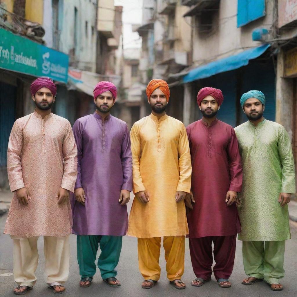 Several men dressed in colorful and traditional salwar kameez in an urban setting