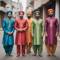 Several men dressed in colorful and traditional salwar kameez in an urban setting