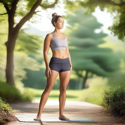 A young woman wearing yoga shorts, depicted in a tasteful and artistic manner