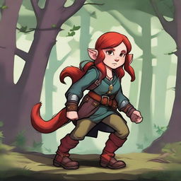 A halfling girl from the D&D class rogue, with red hair that is under shoulder length, iridescent color eyes, and a red monkey-like tail