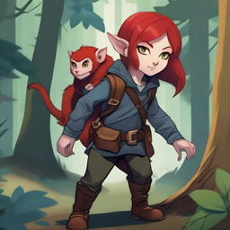 A halfling girl from the D&D class rogue, with red hair that is under shoulder length, iridescent color eyes, and a red monkey-like tail