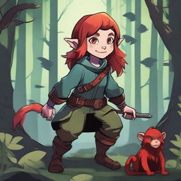 A halfling girl from the D&D class rogue, with red hair that is under shoulder length, iridescent color eyes, and a red monkey-like tail