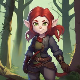 A halfling girl from the D&D class rogue, with red hair that is under shoulder length, iridescent color eyes, and a red monkey-like tail