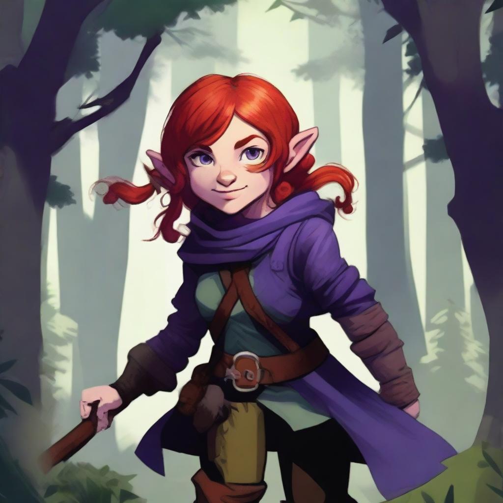 A halfling girl from the D&D class rogue, with red hair that is under shoulder length, purple eyes, and a monkey tail