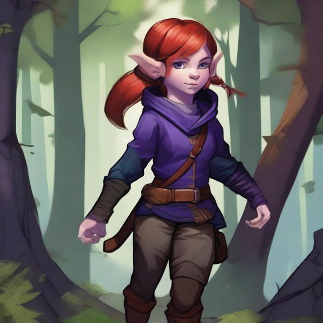 A halfling girl from the D&D class rogue, with red hair that is under shoulder length, purple eyes, and a monkey tail