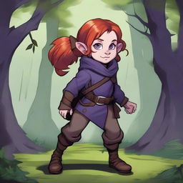 A halfling girl from the D&D class rogue, with red hair that is under shoulder length, purple eyes, and a monkey tail