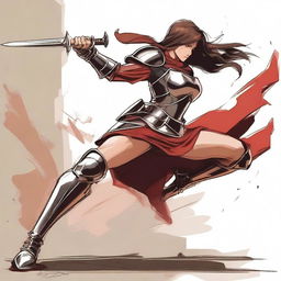 Draw a female warrior wearing armor without a helmet, kicking a bed