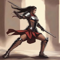 Draw a female warrior wearing armor without a helmet, kicking a bed