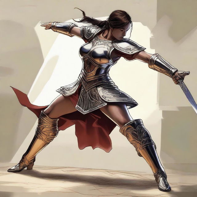 Draw a female warrior wearing armor without a helmet, kicking a bed