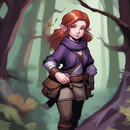 A halfling girl with red hair that is under shoulder length, purple eyes, and a monkey tail as a part of her body