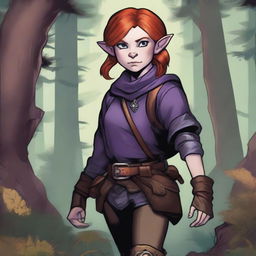 A halfling girl with red hair that is under shoulder length, purple eyes, and a monkey tail as a part of her body