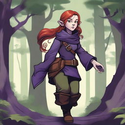 A halfling girl with red hair that is under shoulder length, purple eyes, and a monkey tail as a part of her body