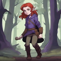 A halfling girl with red hair that is under shoulder length, purple eyes, and a monkey tail as a part of her body