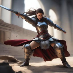 A female warrior wearing armor, without a helmet, kicking and breaking a bed