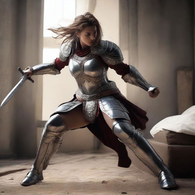 A female warrior wearing armor, without a helmet, kicking and breaking a bed