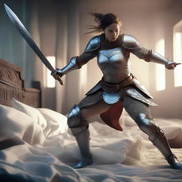 A female warrior wearing armor, without a helmet, kicking and breaking a bed