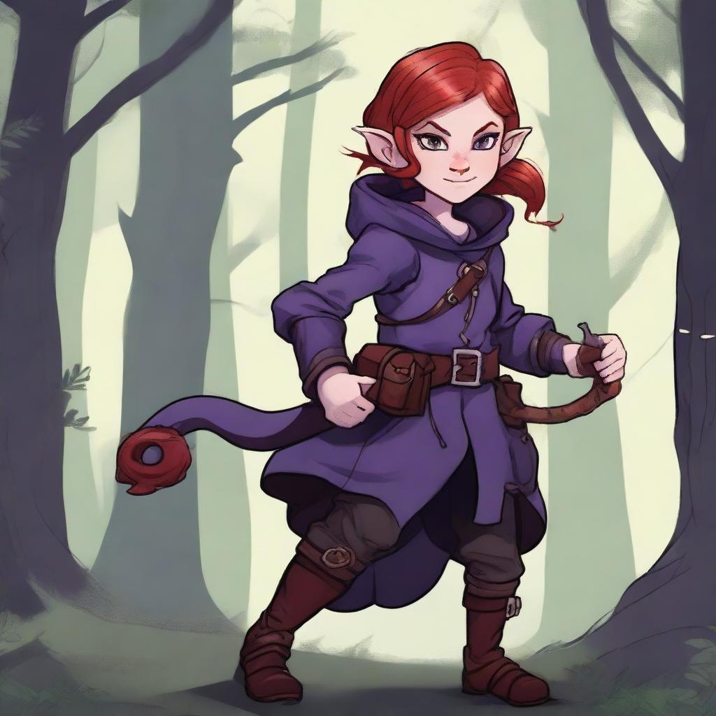 A halfling girl from the D&D class rogue, with red hair that is under shoulder length, purple eyes, and a monkey tail as a part of her body