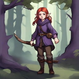 A halfling girl from the D&D class rogue, with red hair that is under shoulder length, purple eyes, and a monkey tail as a part of her body