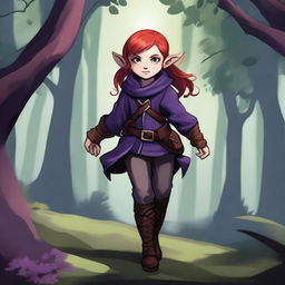 A halfling girl from the D&D class rogue, with red hair that is under shoulder length, purple eyes, and a monkey tail as a part of her body