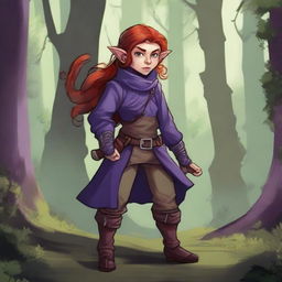 A halfling girl from the D&D class rogue, with red hair that is under shoulder length, purple eyes, and a monkey tail as a part of her body