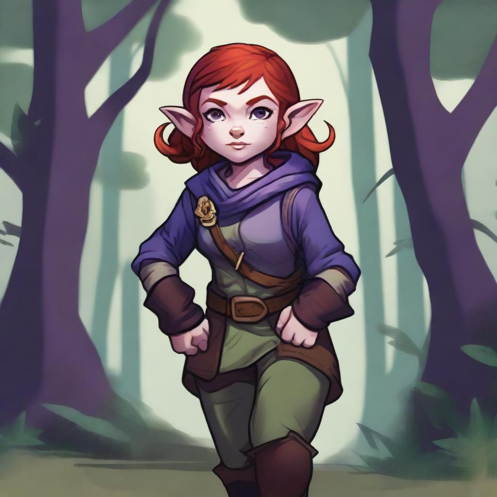 A halfling girl from the D&D class rogue with red hair that is under shoulder length, purple eyes, and a monkey-like tail as a part of her body