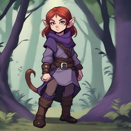 A halfling girl from the D&D class rogue with red hair that is under shoulder length, purple eyes, and a monkey-like tail as a part of her body