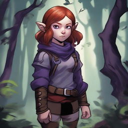 A halfling girl from the D&D class rogue with red hair that is under shoulder length, purple eyes, and a monkey-like tail as a part of her body